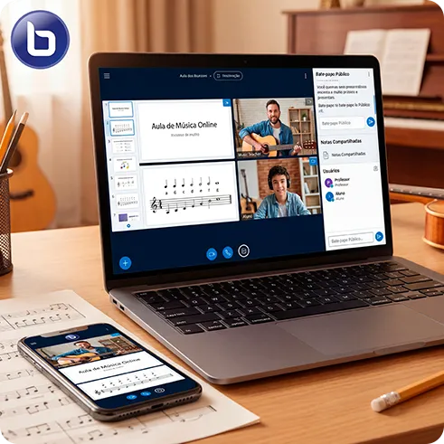Aula de música ao vivo no BigBlueButton, no notebook e no celular